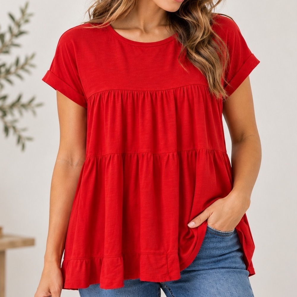 JODIFL Red Tiered Swing Top S Romantic Boho Cottagecore Holiday Christmas Flowy‎